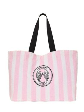 Victoria's Secret Pink & White Striped Tote with Black Handles